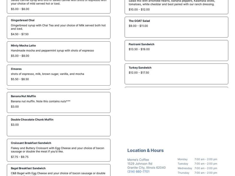 Meme's Coffee Shop Menu