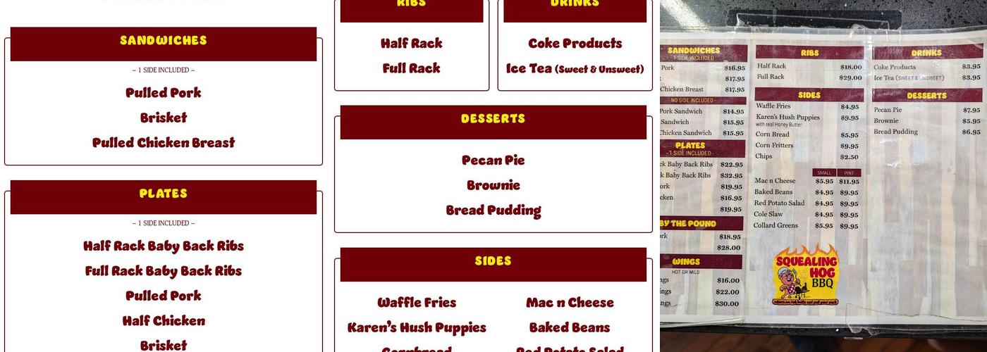 Squealing Hog BBQ Menu