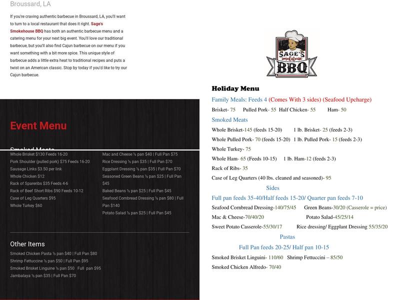 Sage's Smokehouse BBQ LLC Menu
