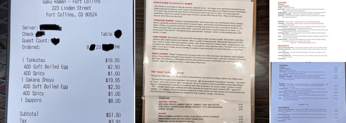 Gaku Ramen Fort Collins Menu