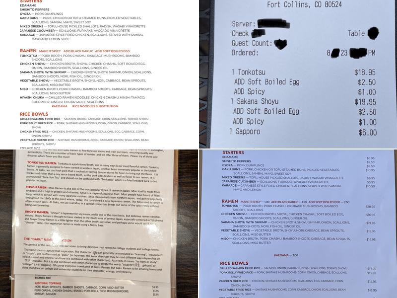 Gaku Ramen Fort Collins Menu