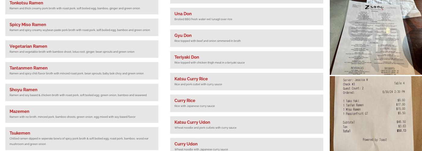 Zundo Ramen & Donburi Red Bank Menu