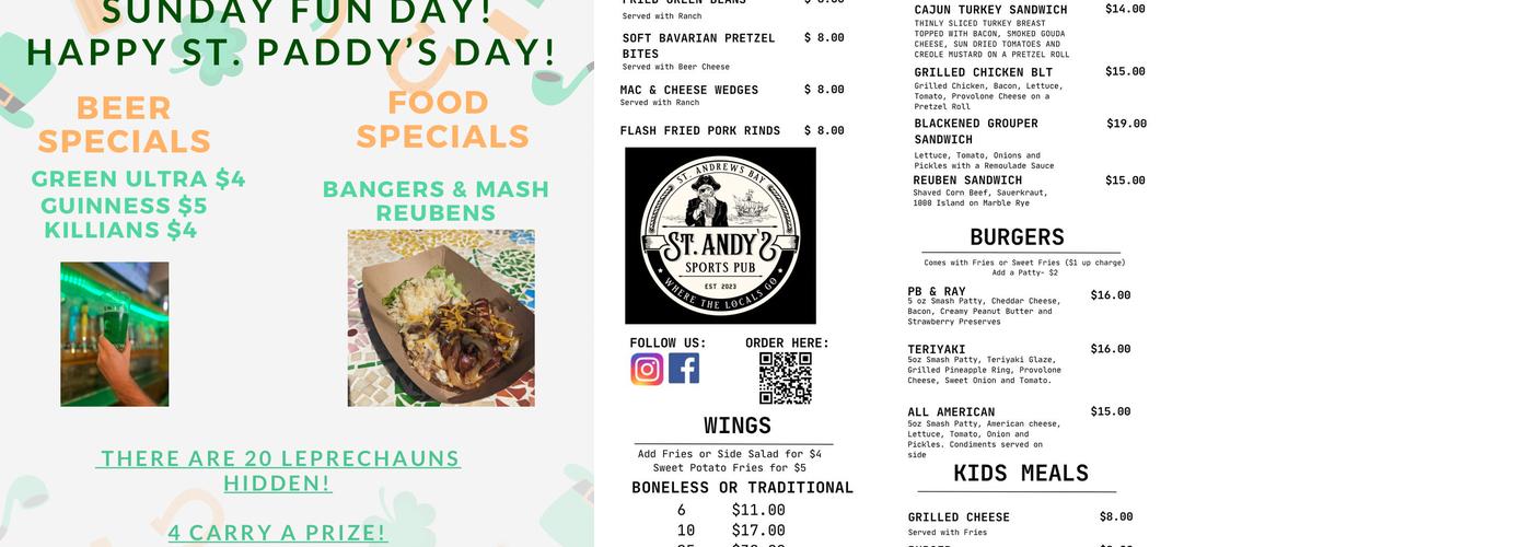 St Andy's Sports Pub Menu