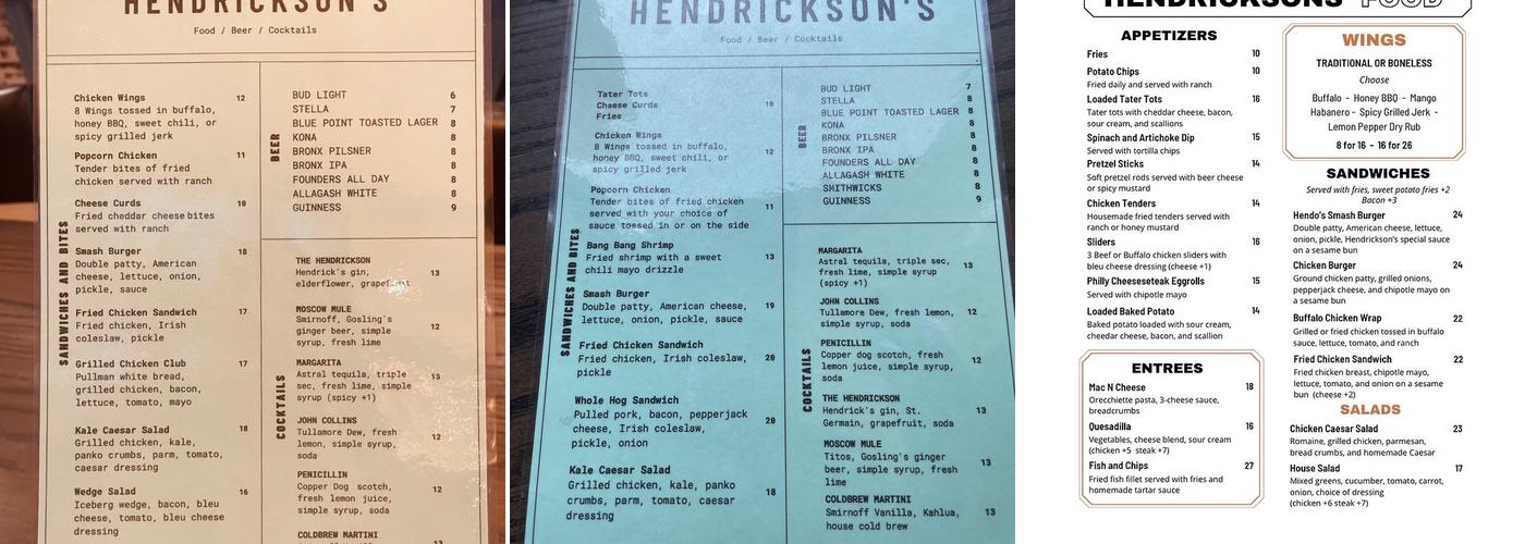 Hendrickson's Menu