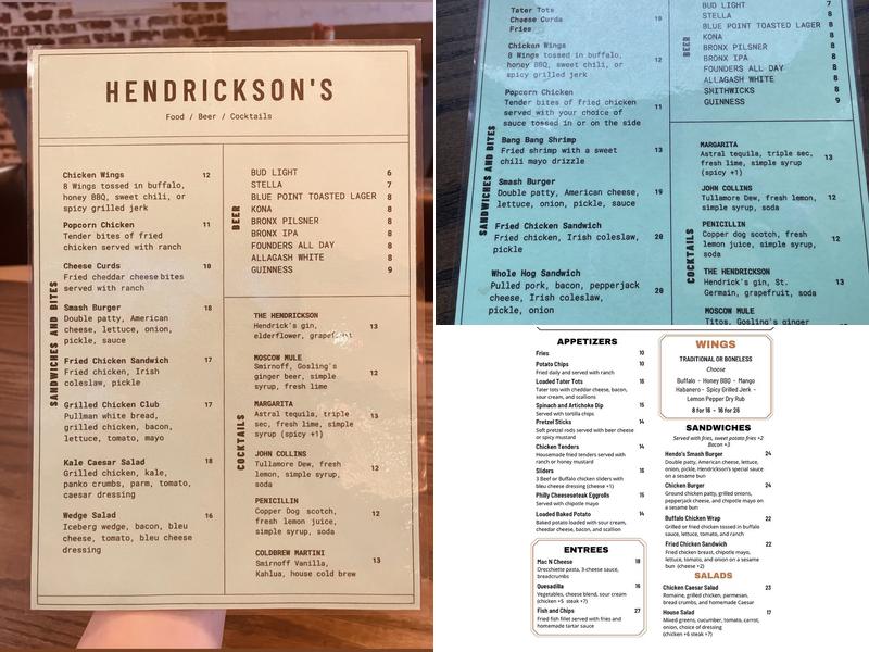 Hendrickson's Menu
