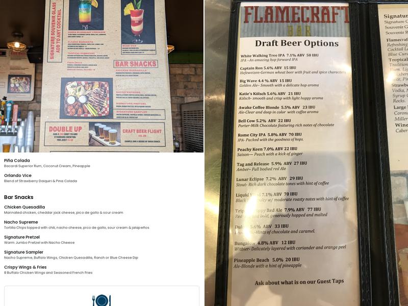 Flamecraft Bar Menu