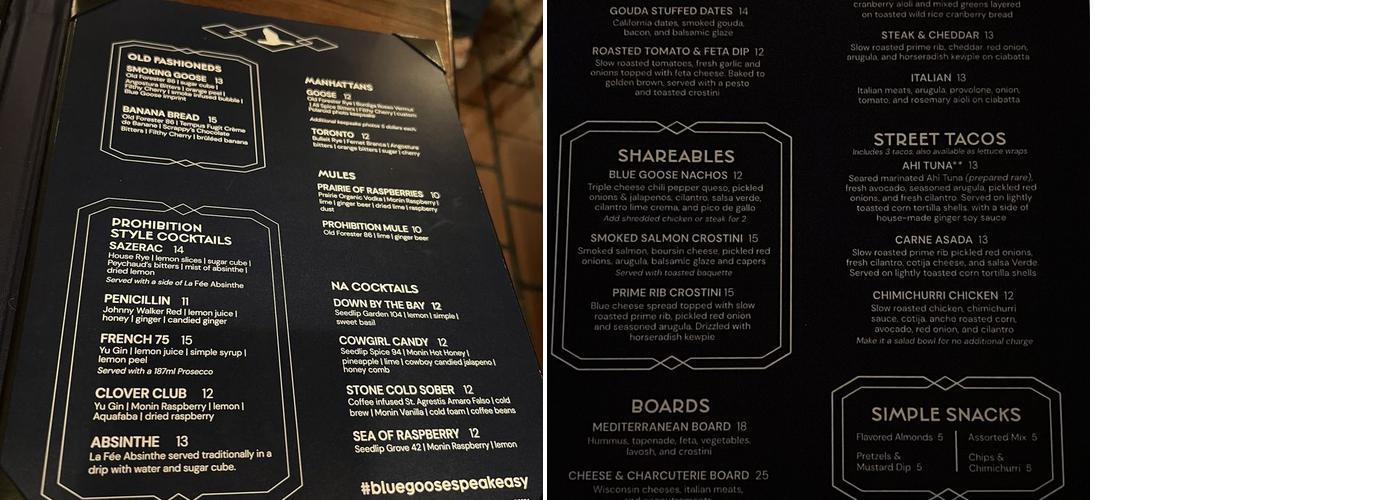 Blue Goose Speakeasy Menu