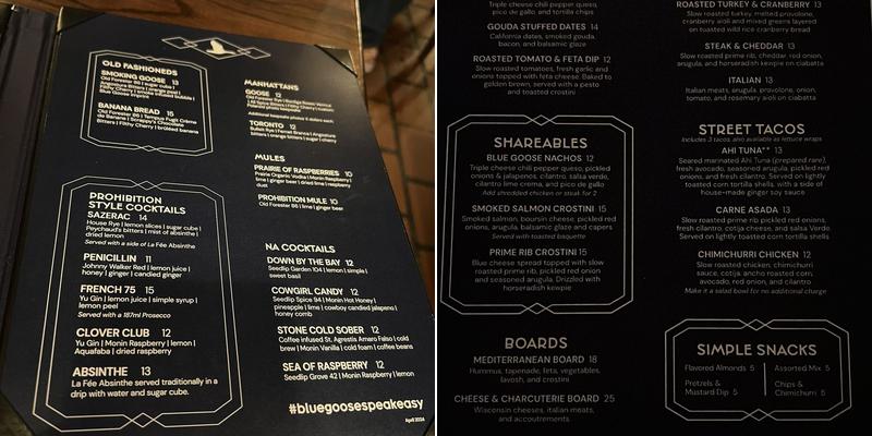 Blue Goose Speakeasy Menu
