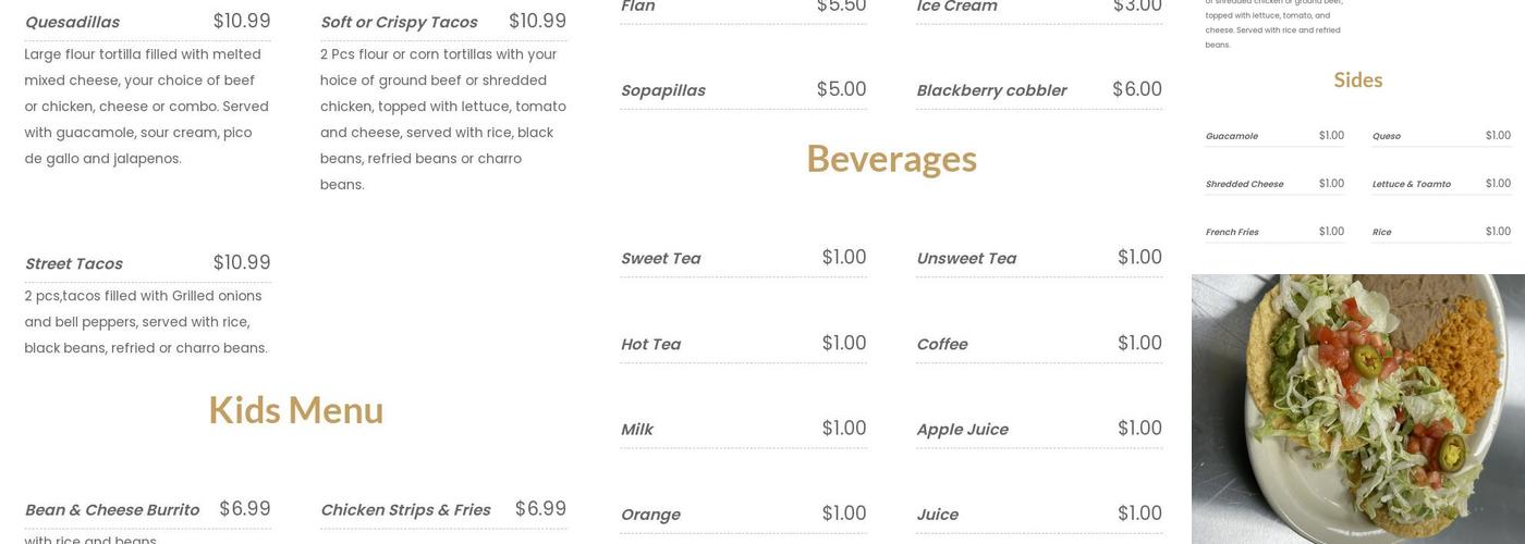 La Bendicion Tex-Mex Menu