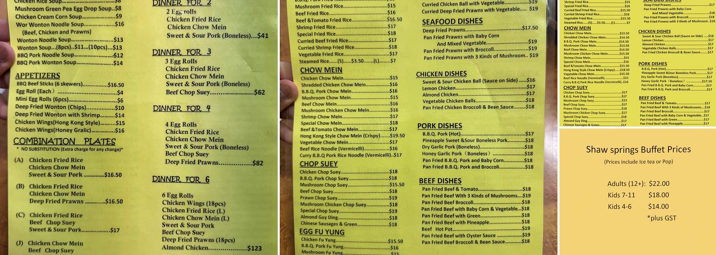 Shaw Spring restaurant Menu