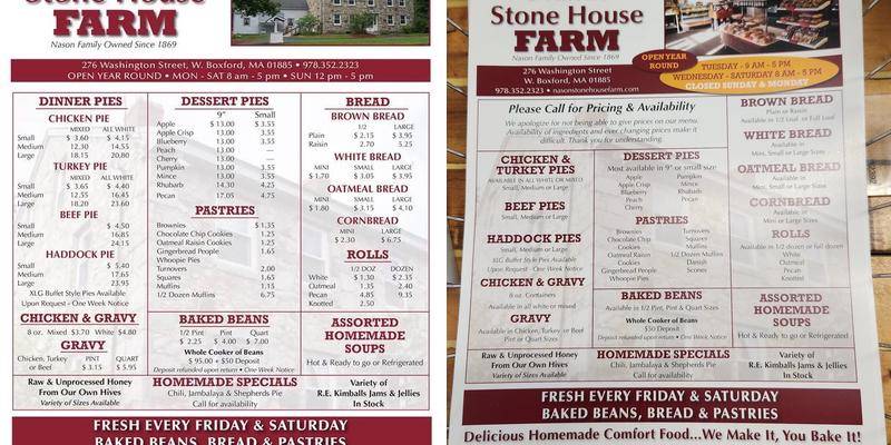 Nason's Stone House Farm Inc. Menu