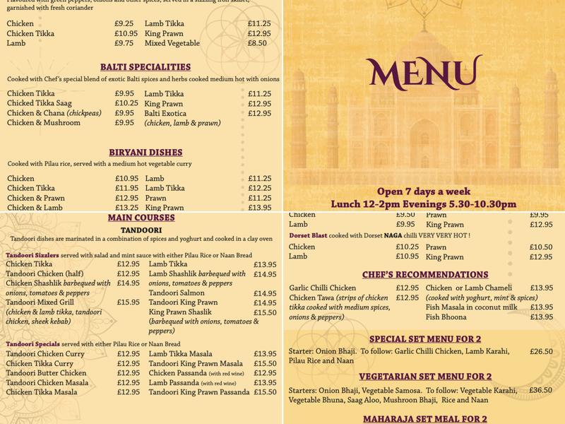 Taj Mahal Menu