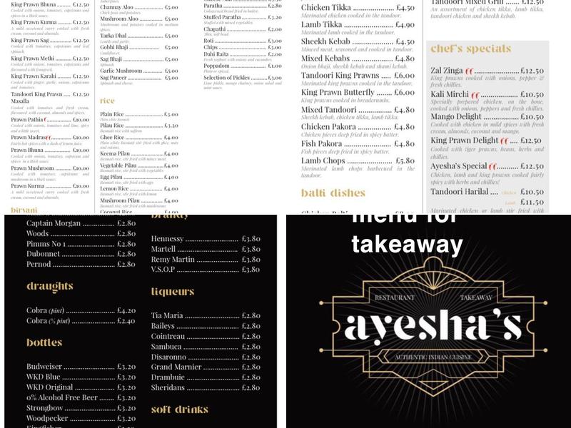 Ayeshas Authentic Indian Restaurant & Takeaway Menu