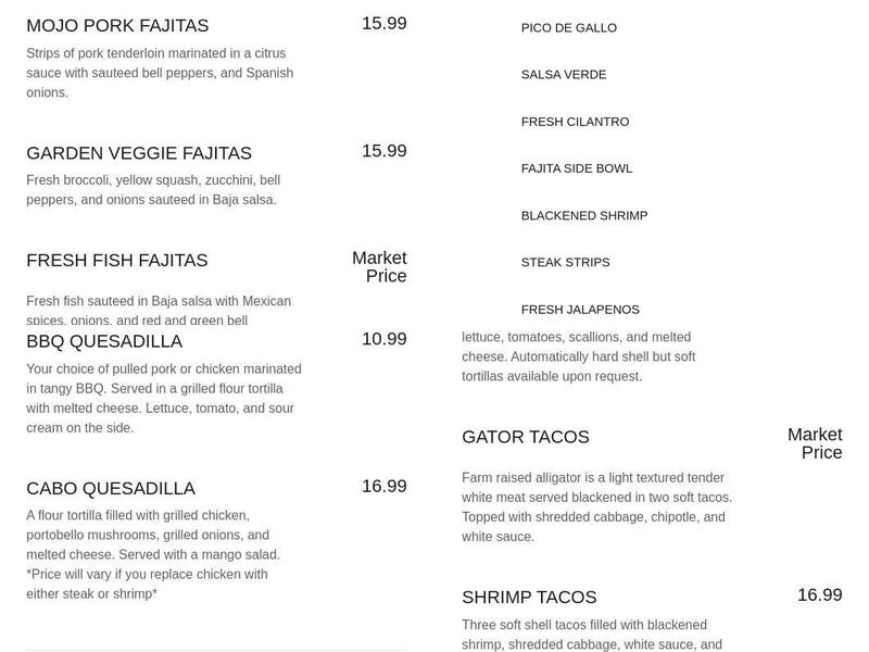 Baja Cafe Lounge Menu