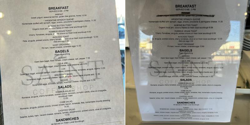 Saint Coffee Shop Menu