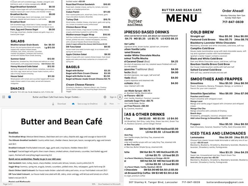 Butter and Bean Cafe Menu