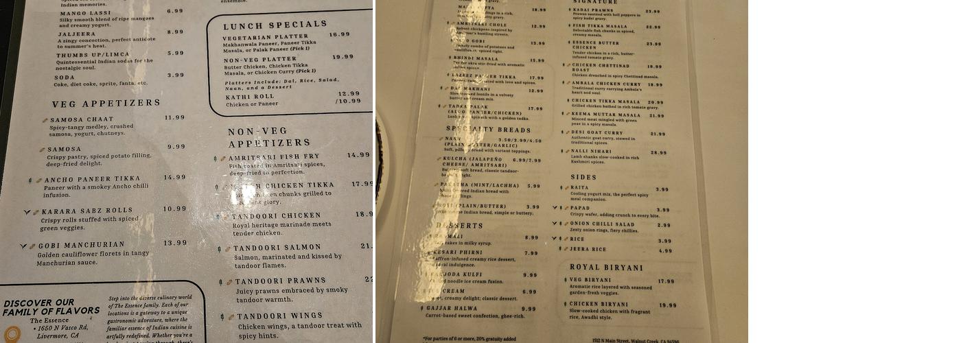 The Essence Redefined Indian Food Menu