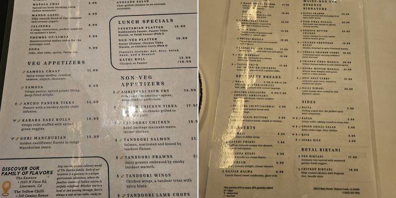 The Essence Redefined Indian Food Menu