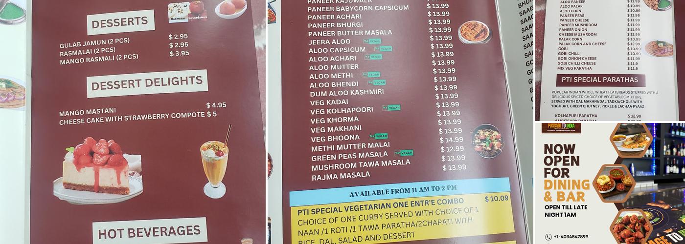 Passage to India Menu