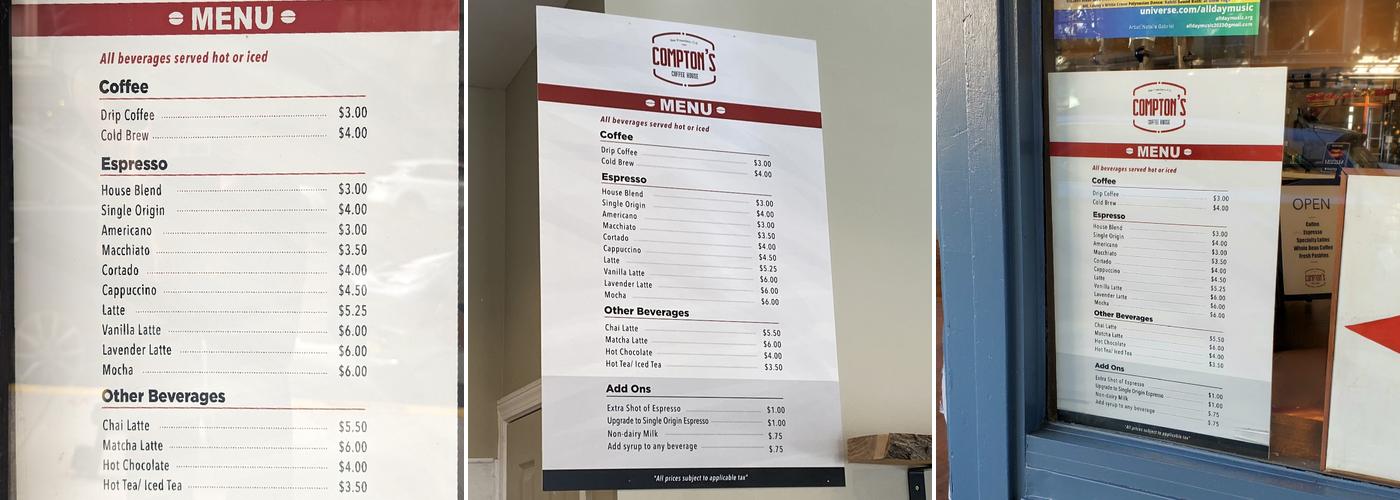 Compton’s Coffee House Menu