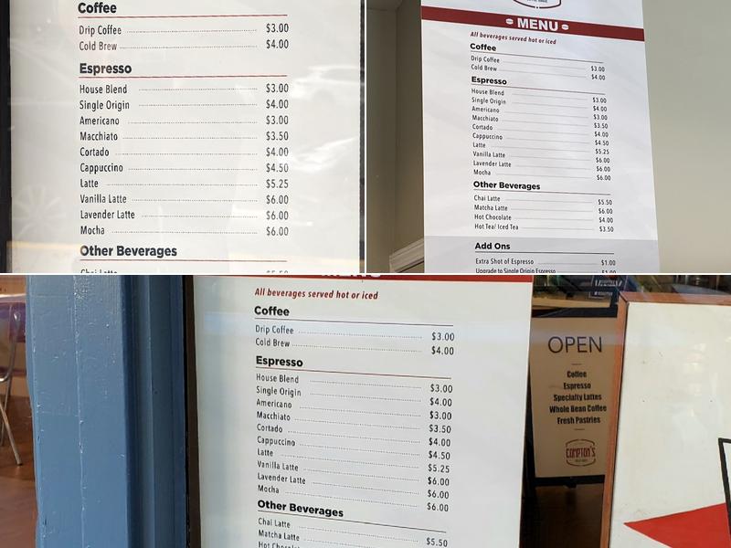 Compton’s Coffee House Menu