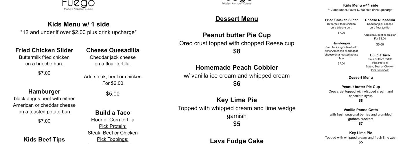Fuego Modern America Cuisine Menu