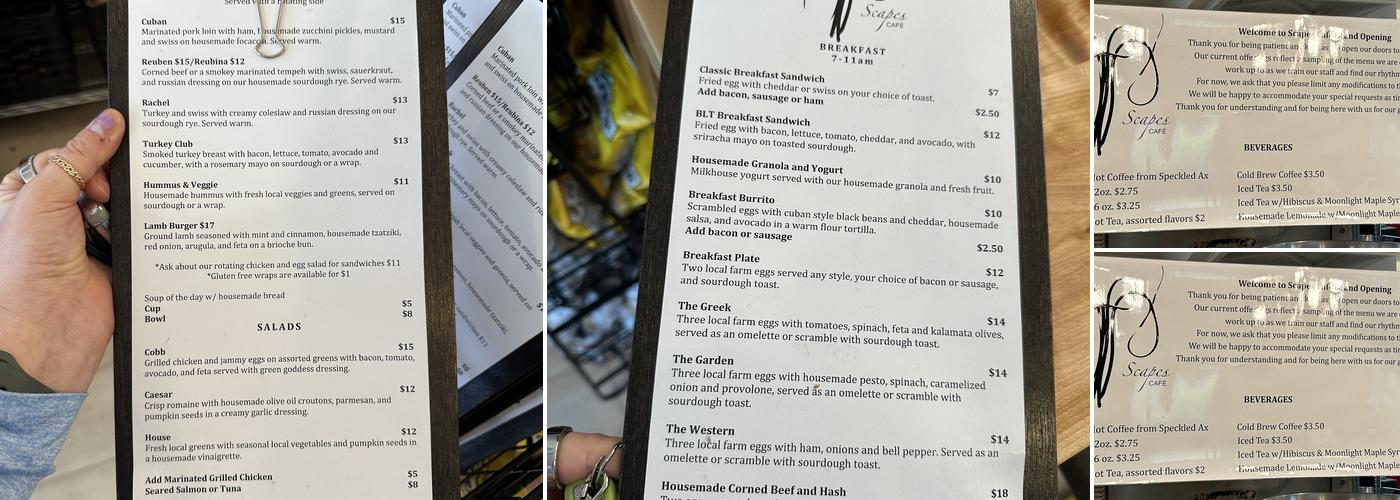 Scapes Cafe Menu
