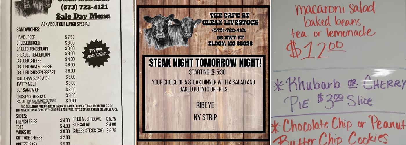 Olean sale barn Cafe Menu