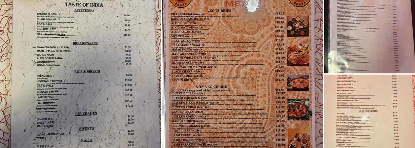 New Taste of India Menu