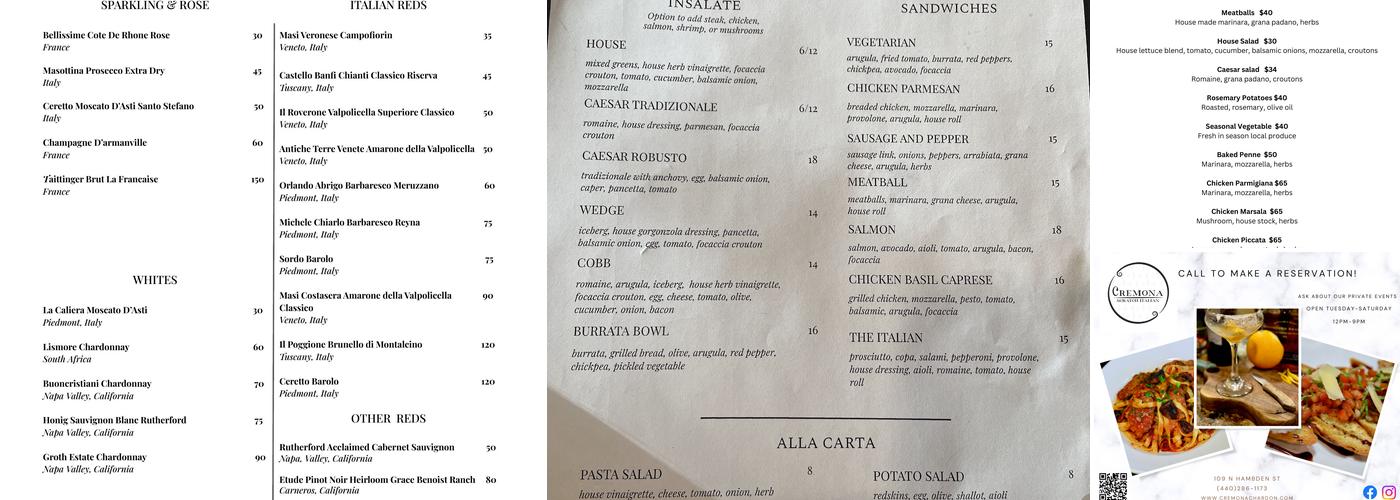 Cremona Menu