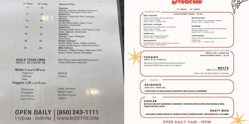 Bucettis Beach Pizza Menu