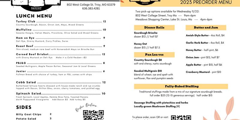Bricklayer Bakery Menu