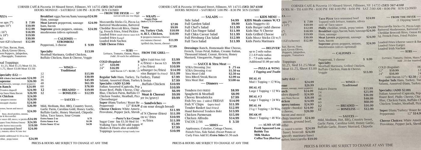 Corner Cafe & Pizzeria Menu