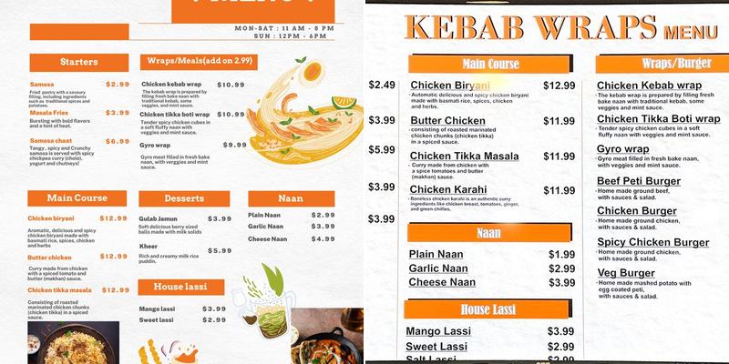 Kebab wraps halal Menu