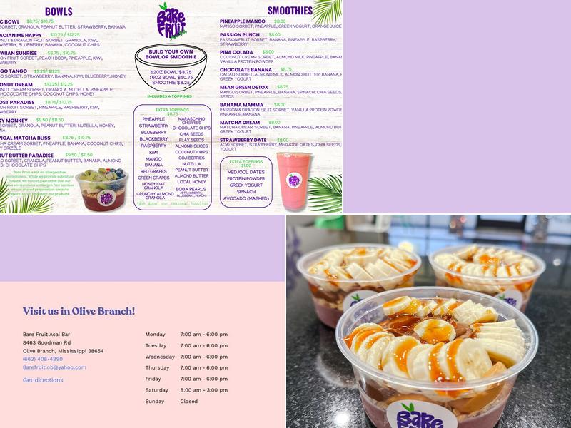 Bare Fruit Acai Bar Menu