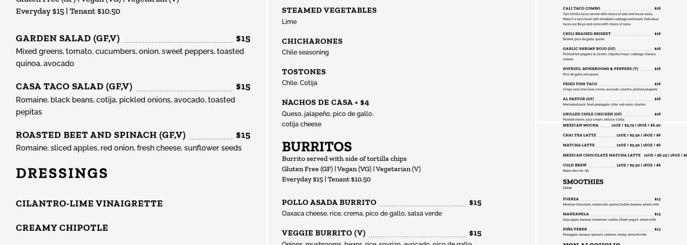 Casa Campus Point Menu