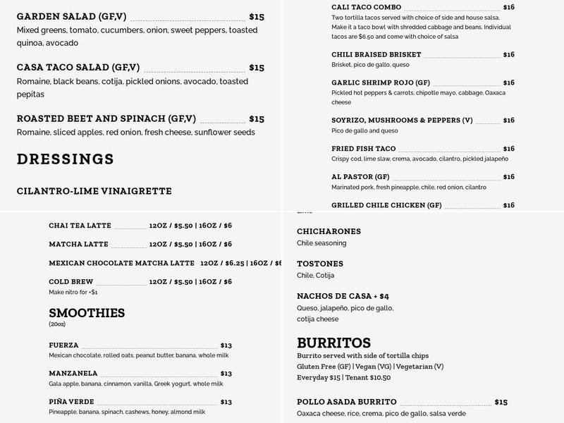 Casa Campus Point Menu