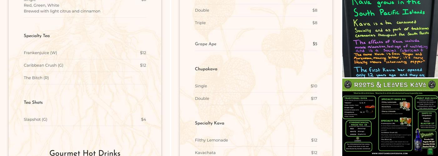 Roots And Leaves: Old Town Kava Bar Menu