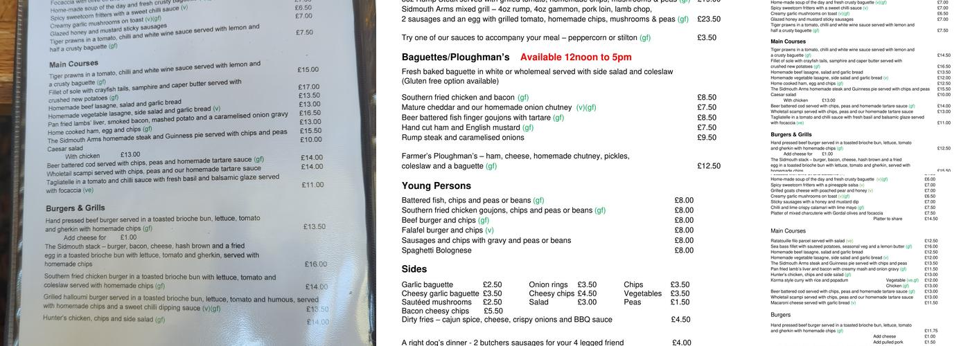The Sidmouth Arms Menu