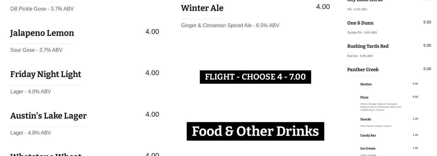 A-Squared Brewing Company Menu