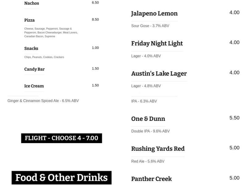A-Squared Brewing Company Menu