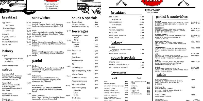 Pronto Harvard Square Menu