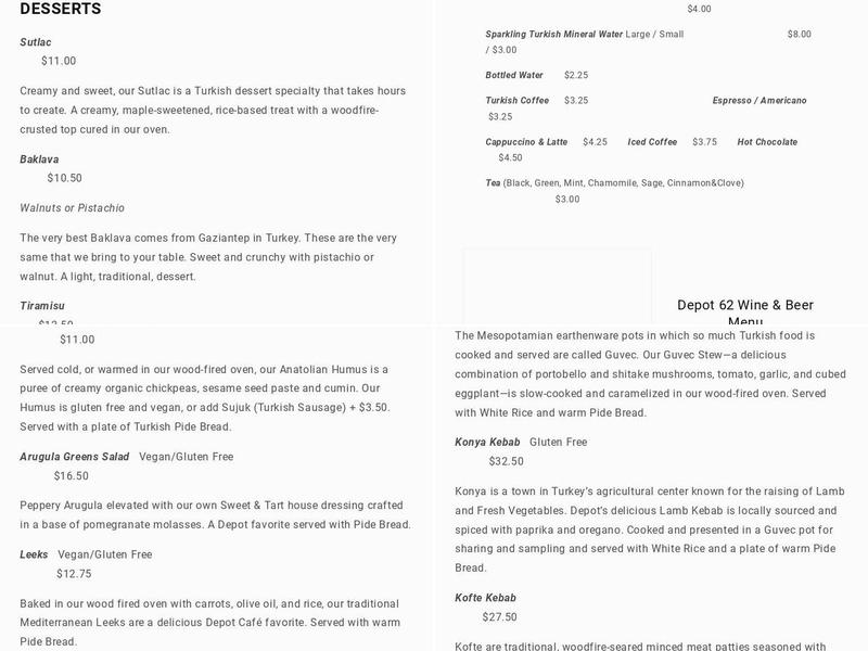 Depot 62 Warehouse Menu