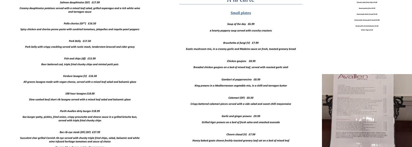 Porth Avallen Hotel and Reflections Restaurant Menu