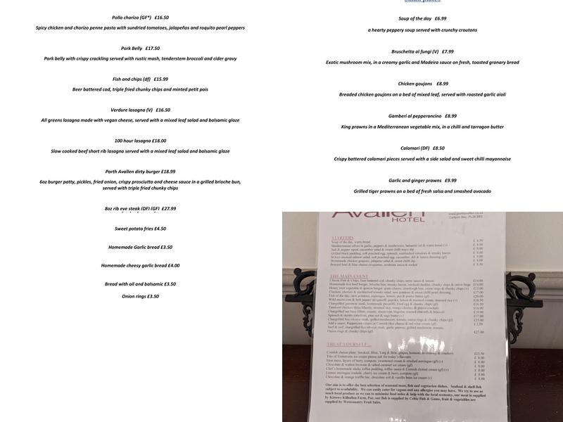 Porth Avallen Hotel and Reflections Restaurant Menu