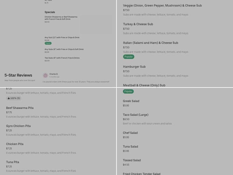 Ricos subs and pizza Menu