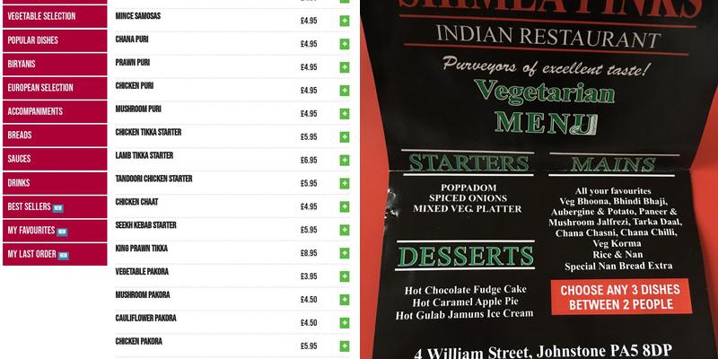 Shimla Pinks (Johnstone) Menu