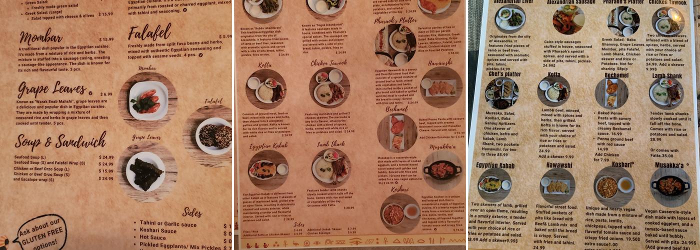 Pharaohs Restaurant Menu