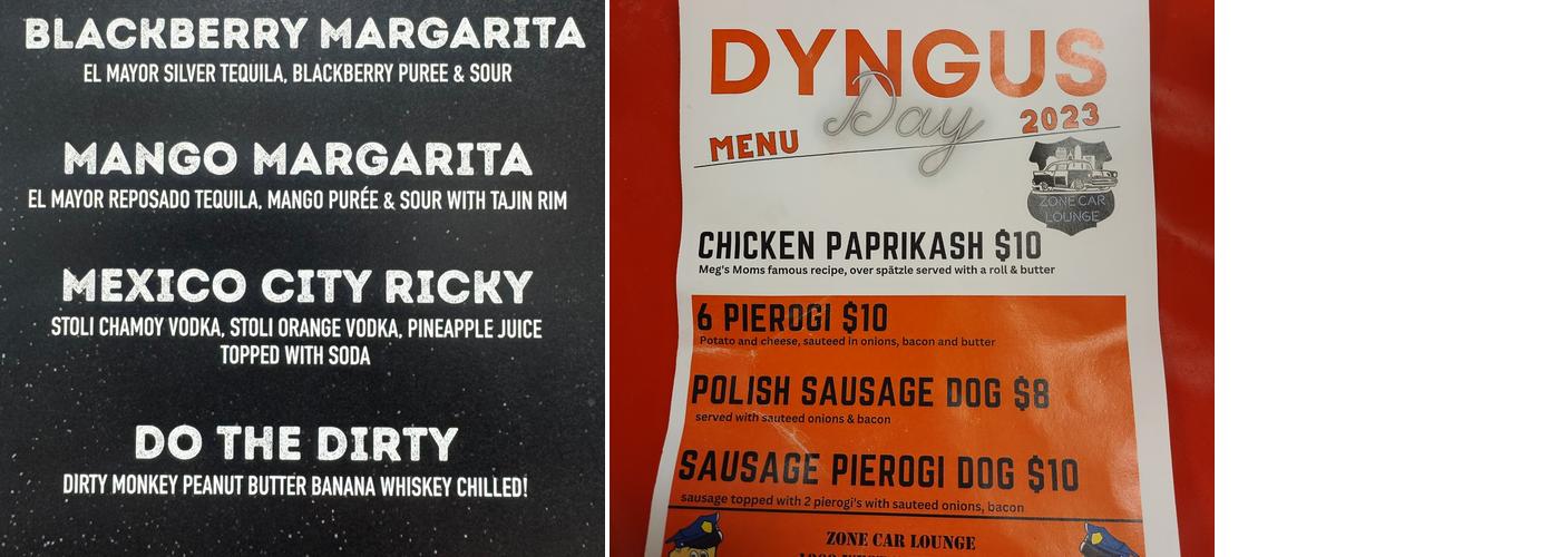 Zone Car Lounge Menu