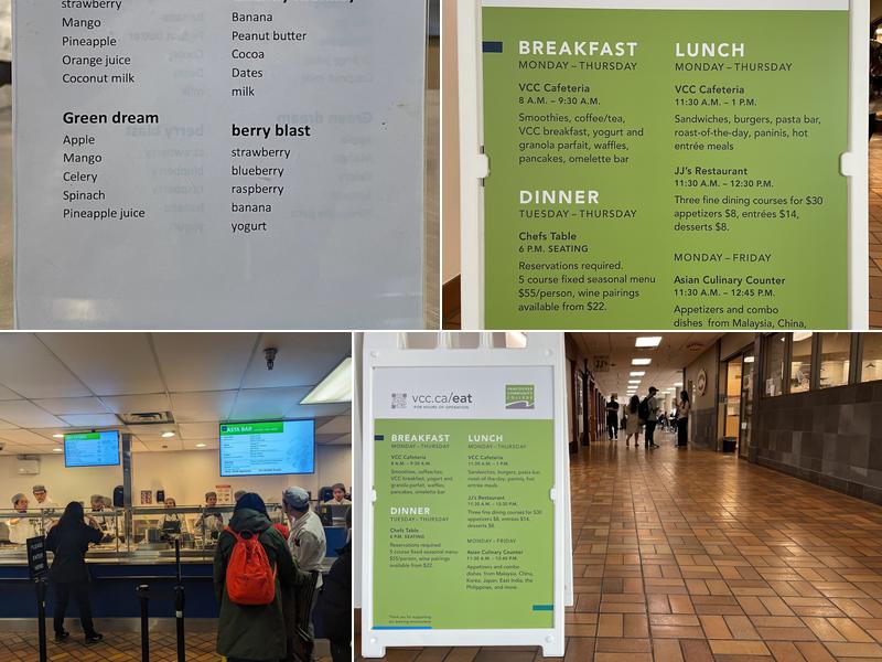 Cafeteria at Vancouver Community College Menu